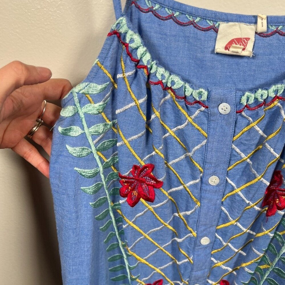 Anthropologie Blue Midi Dress with Pink Floral Embroidery - Picture 5 of 10
